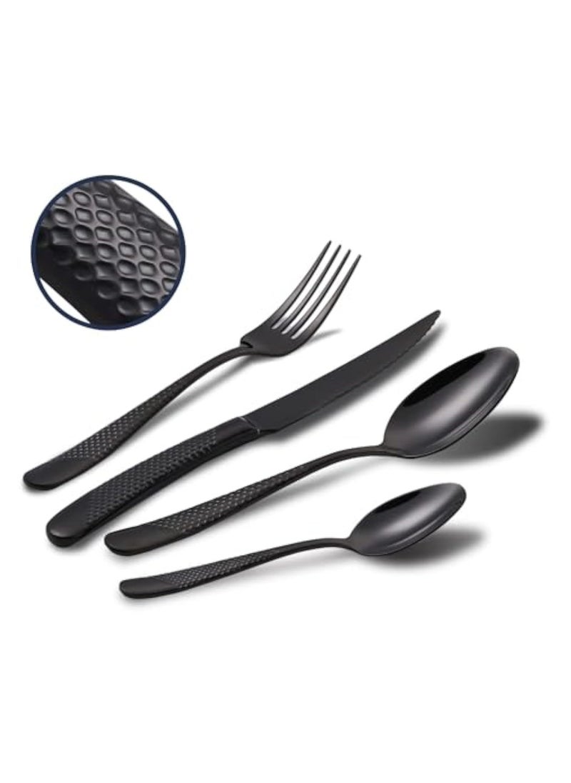 Hammered Silverware Set, 4-Piece Modern Black 18/10 Stainless Steel Flatware Set with Forks Spoons and Knives, Unique Metal Cutlery Sets for Home Restaurant, Mirror Polished & Dishwasher Safe
