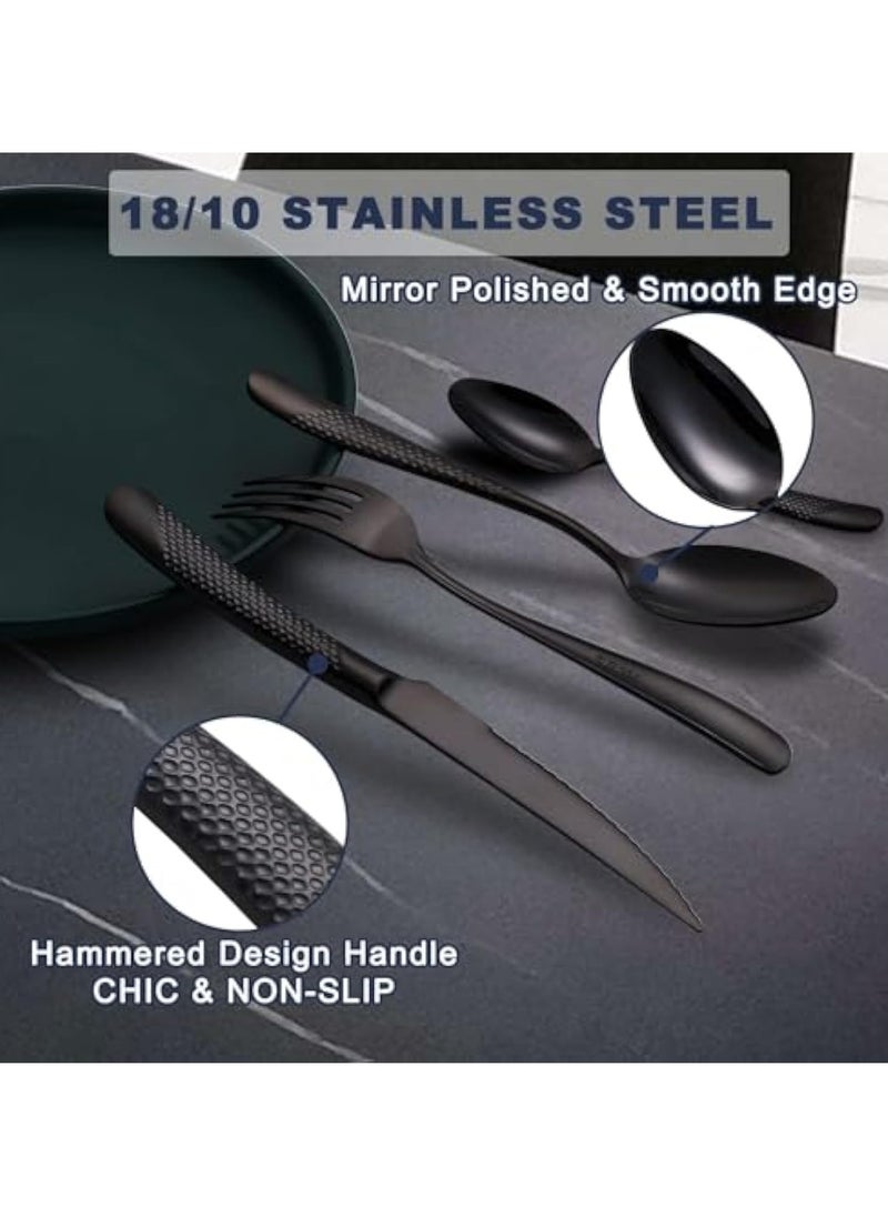 Hammered Silverware Set, 4-Piece Modern Black 18/10 Stainless Steel Flatware Set with Forks Spoons and Knives, Unique Metal Cutlery Sets for Home Restaurant, Mirror Polished & Dishwasher Safe
