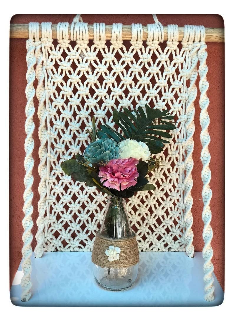 URHAN Macrame Indoor Wall Hanging Shelf Chic Decor Wood Floating Boho Shelves with Wooden Dowel Hand Woven Bohemian Decor for Apartment Dorm Bedroom Living Room Nursery Beige 60 x 30cm WS016