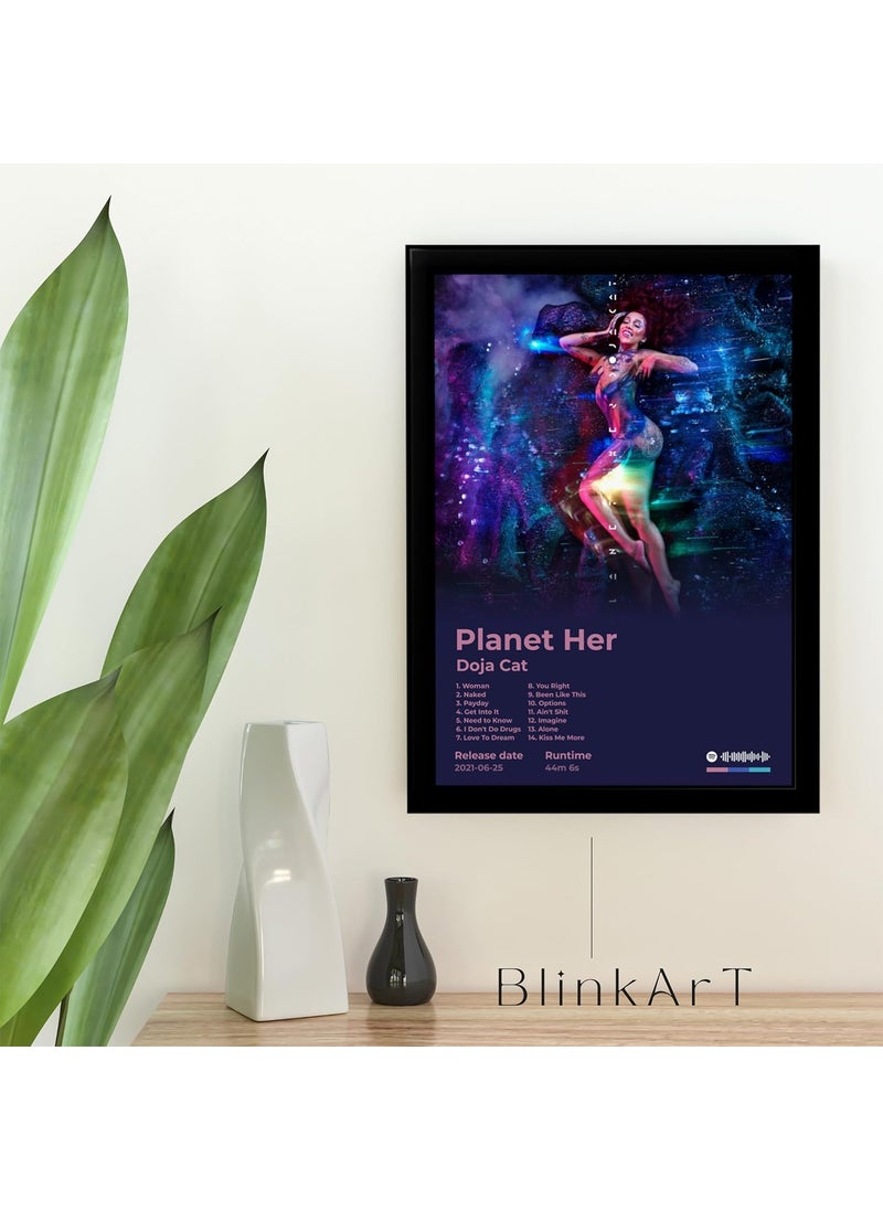 BLINKART DOJA CATPlanet Her Popular Music Album Songs Hanging Wall ArtWork Photo Frames 13x10 inch Decoration For Home Bedroom Living Room Aesthetics Artworks Spotify Song Link QR Code