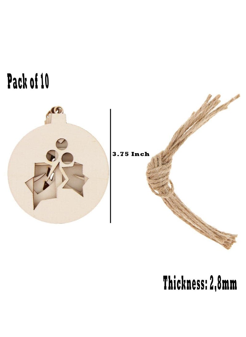 American Elm 10 Pcs Round Wooden Christmas Theme Cutout Hanging Tag Xmas Decor MDF Christmas Ball