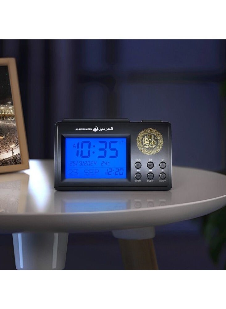 Digital Azan Table Clock - Prayer Times,Bedside Clock/Decorative Clock/in LCD Clock| Prayer Alarm Table Clock with Worldwide Prayer Times and Multiple Azan Sounds (Black)
