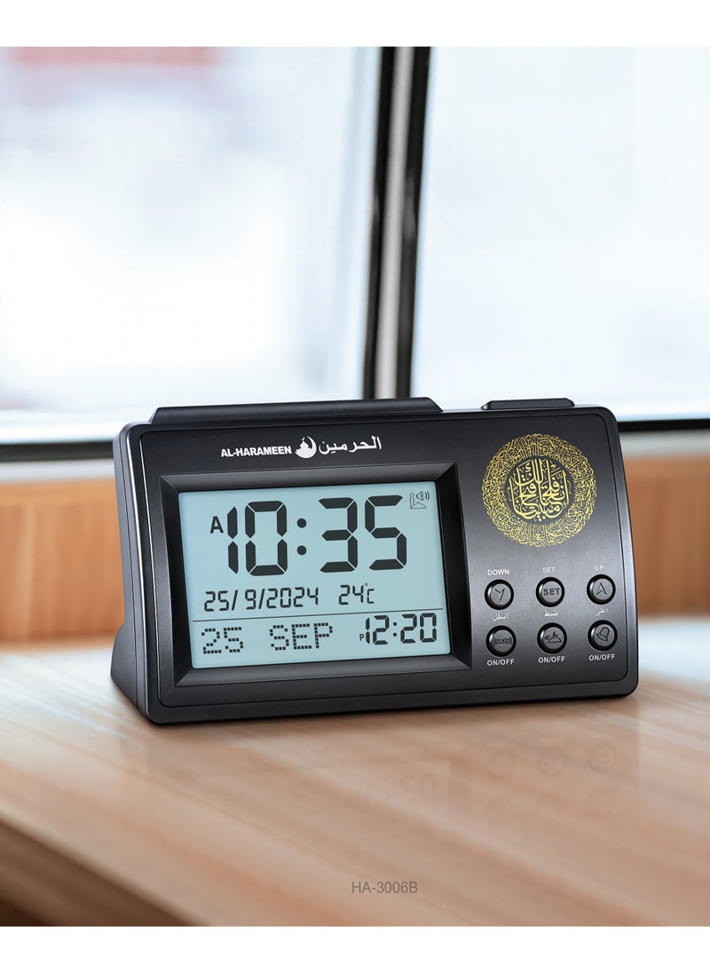 Digital Azan Table Clock - Prayer Times,Bedside Clock/Decorative Clock/in LCD Clock| Prayer Alarm Table Clock with Worldwide Prayer Times and Multiple Azan Sounds (Black)