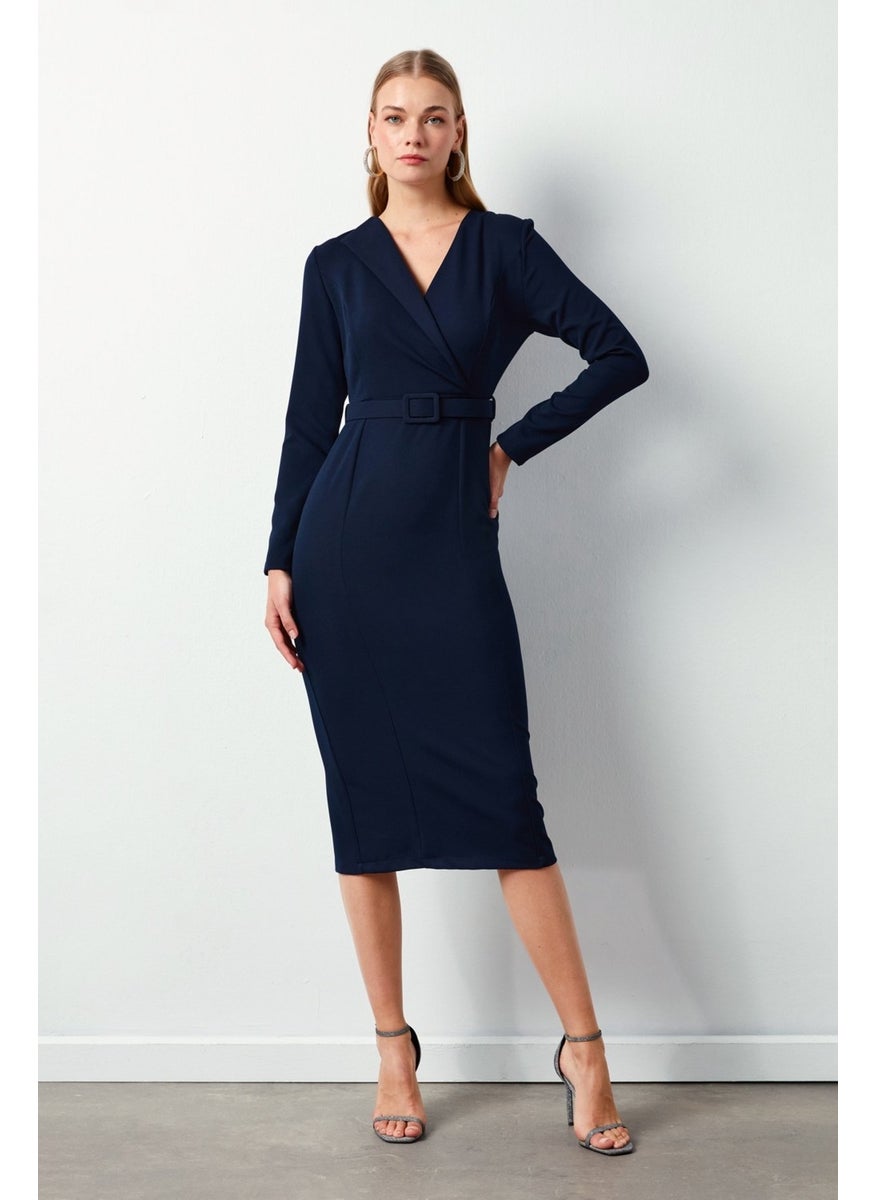 Belted Pencil Dress - Navy Blue