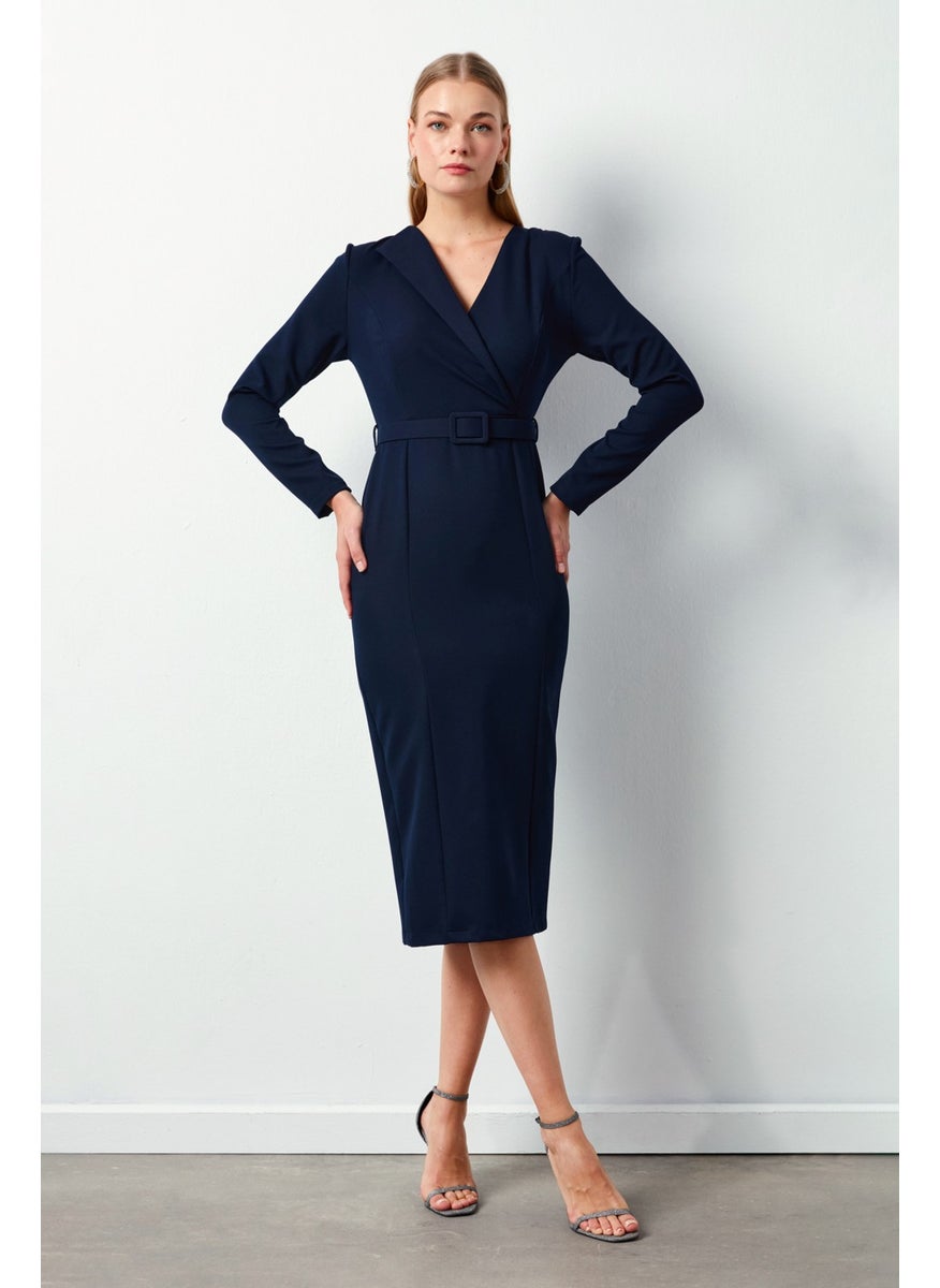 Belted Pencil Dress - Navy Blue