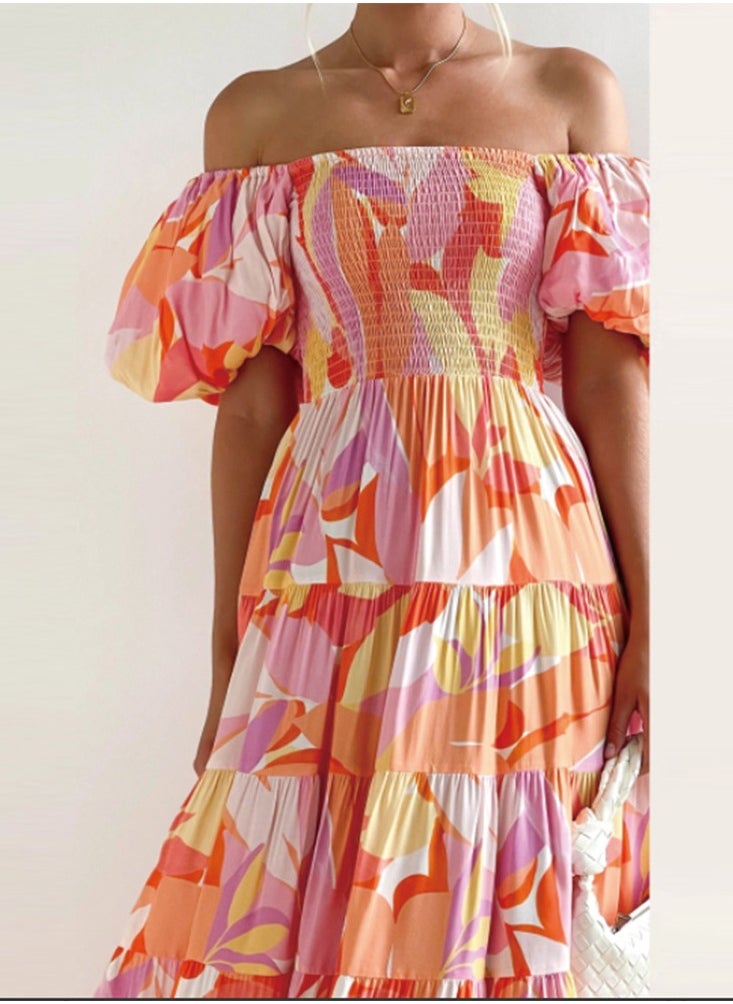 Bohemian Print One Shoulder Loose Dress  Holiday Style Women's Cross-Border Fashion Casual Dresses
