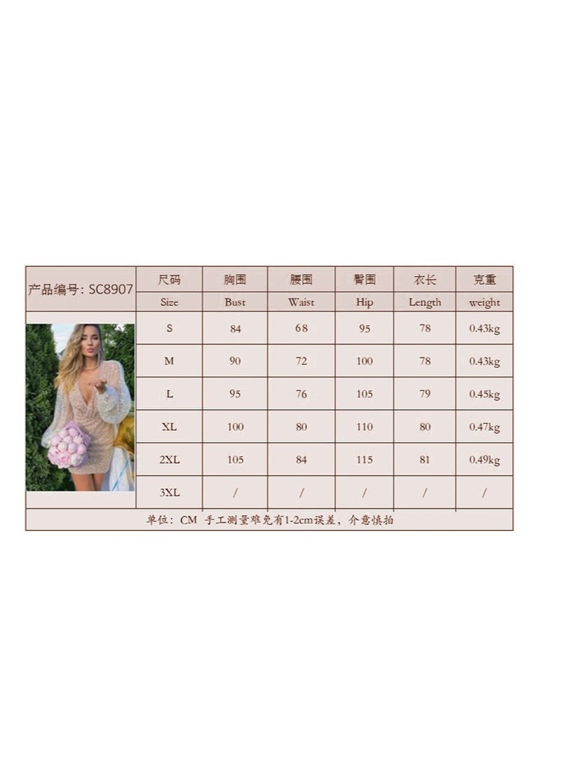 Women's Mini Dress Fashion Evening Sequins Summer  V Neck Personality Party Shiny Lantern Sleeve Hip Wrap Robe