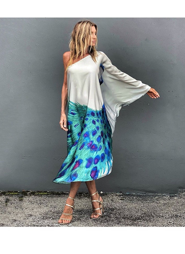 Color Butterfly Print One Shoulder Sleeve Dresses Women Off Shoulder Loose Beach Vacation Irregular Long Dress
