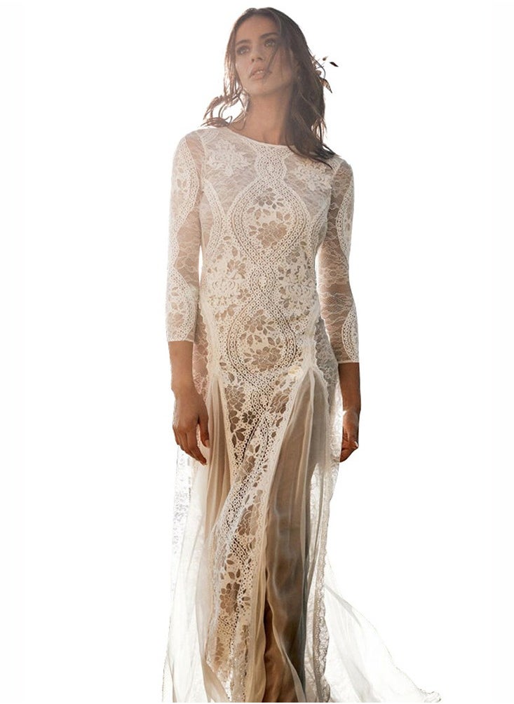 High Split Long Sleeve Boho Wedding Dresses Modest Lace Open Back Mermaid Backless for Bridal Gowns Romantic