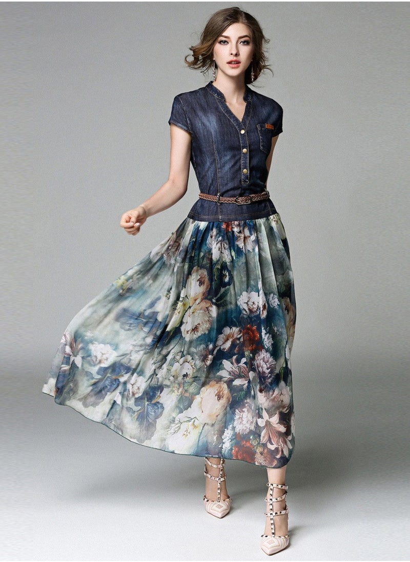 Europe and the United States Summer Women's V-neck dress Jean stitching printed mesh Short sleeves slim fashion thin dress