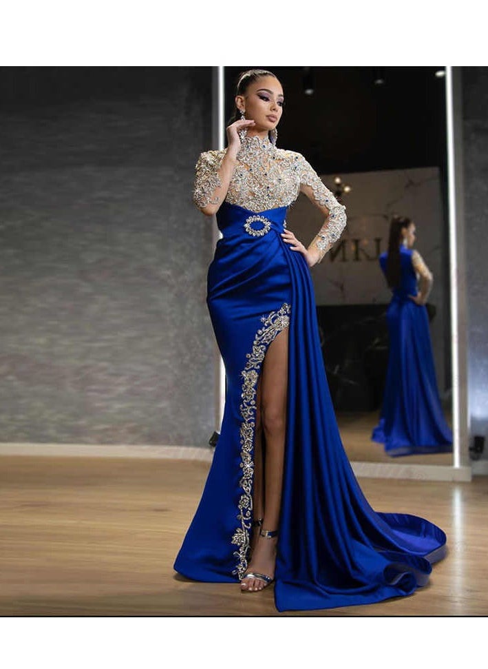 Women Long Sleeve Lace Embroidery High Waist Dress Evening Party Floor Length  Dress