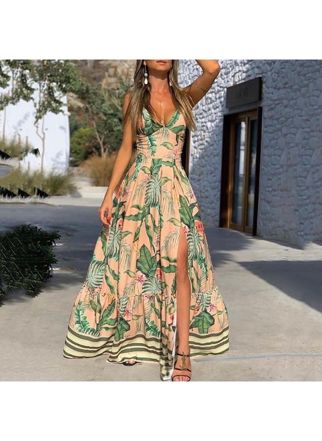 Summer European and American Women's Clothing DressStrap Printed Leaves Beach Vacation Split Dres