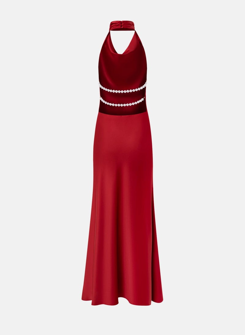 Satin maxi dress with pearl decor on the back