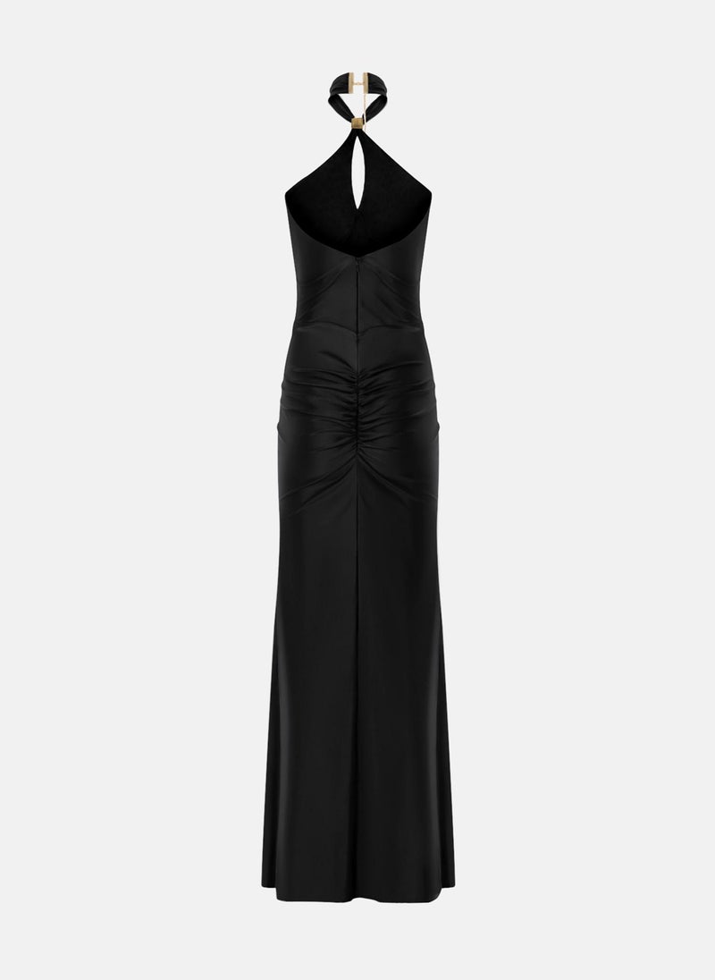 Maxi dress with halter collar and metallic decoration