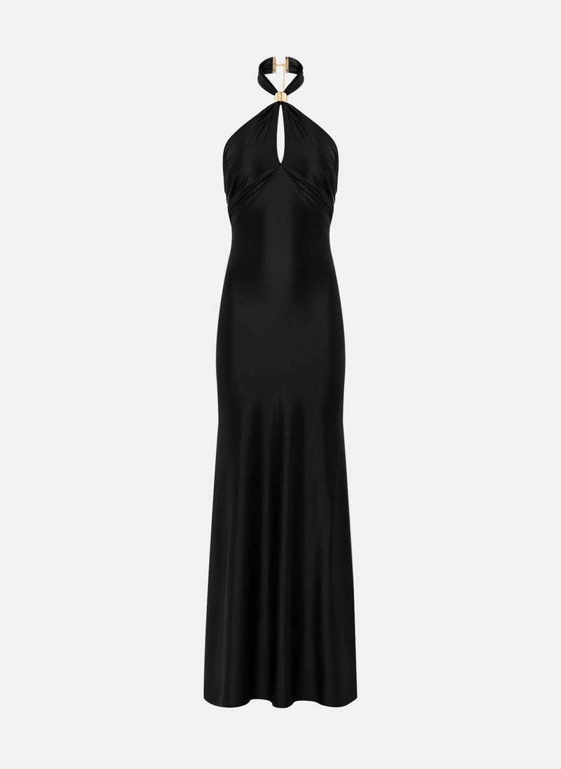 Maxi dress with halter collar and metallic decoration