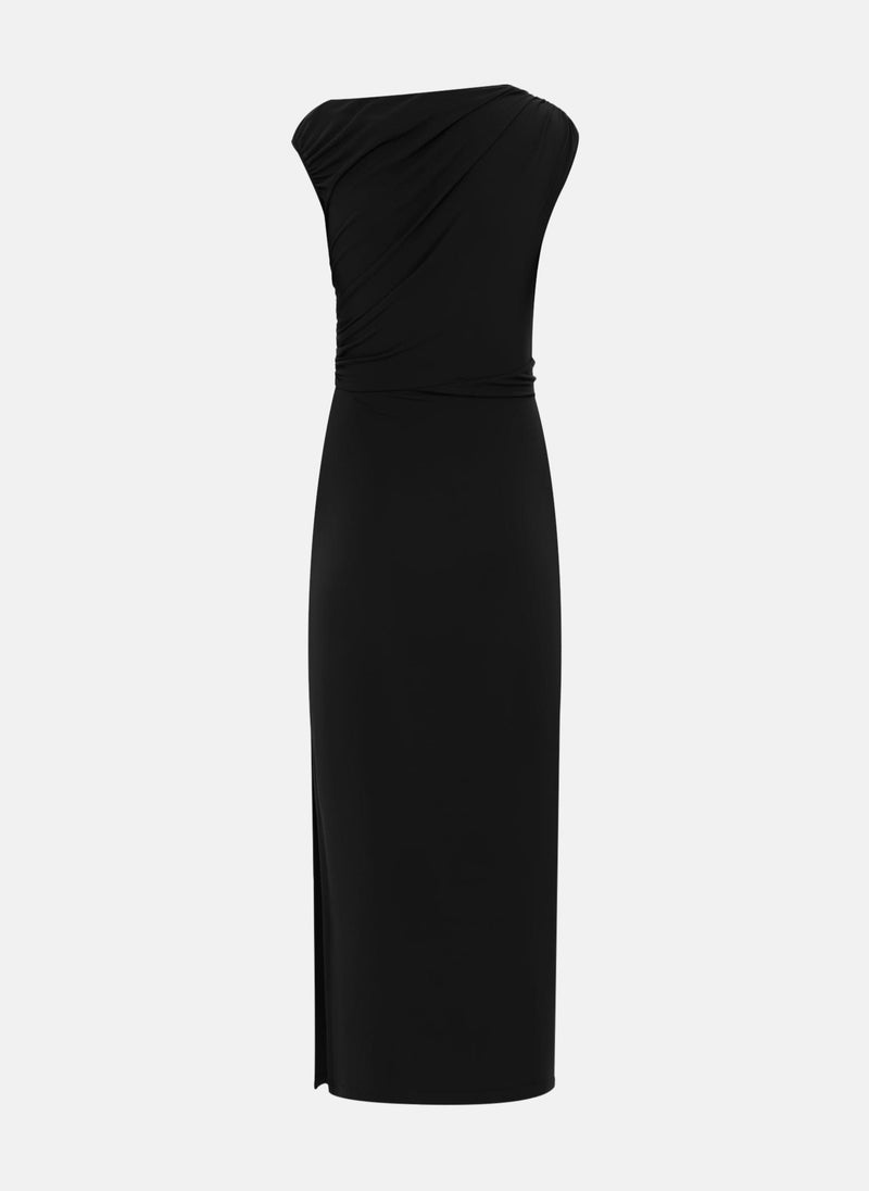 Jersey maxi dress with one-shoulder bodice and waist decoration