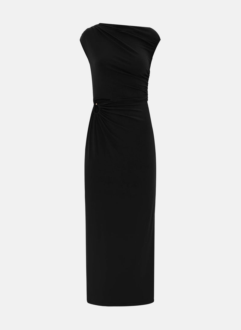 Jersey maxi dress with one-shoulder bodice and waist decoration