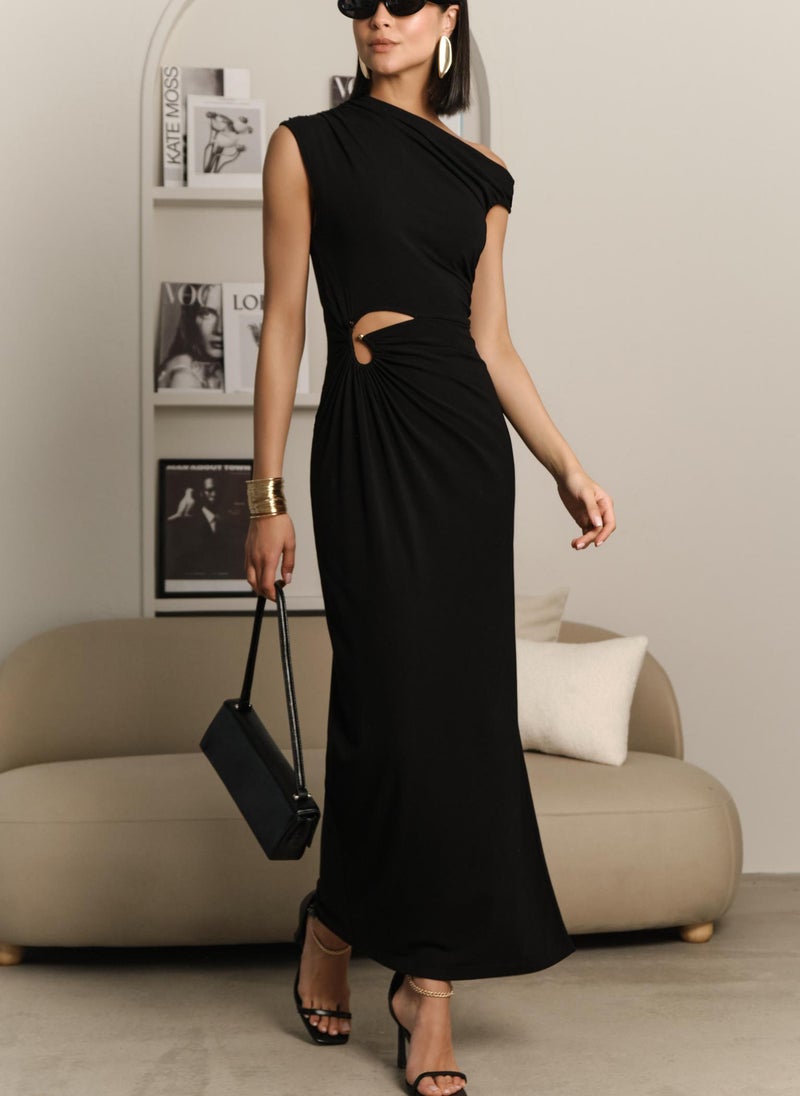Jersey maxi dress with one-shoulder bodice and waist decoration