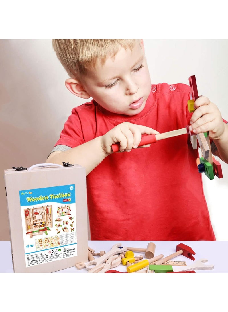Wooden Tool Box Toys 43 PCs Kids Tool Box Wooden Set, Kids Tool Kits, Boy Gift Learning Toy Construction Set Pretend Playset Gift for Kids