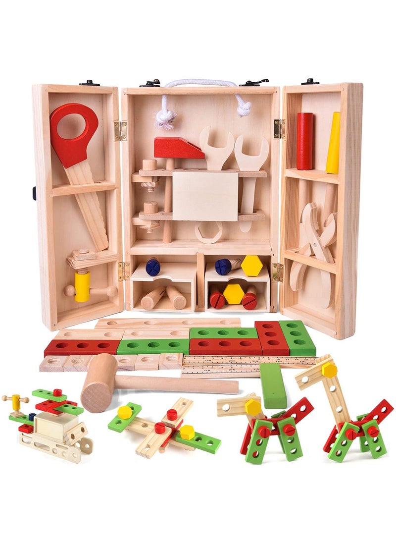 Wooden Tool Box Toys 43 PCs Kids Tool Box Wooden Set, Kids Tool Kits, Boy Gift Learning Toy Construction Set Pretend Playset Gift for Kids