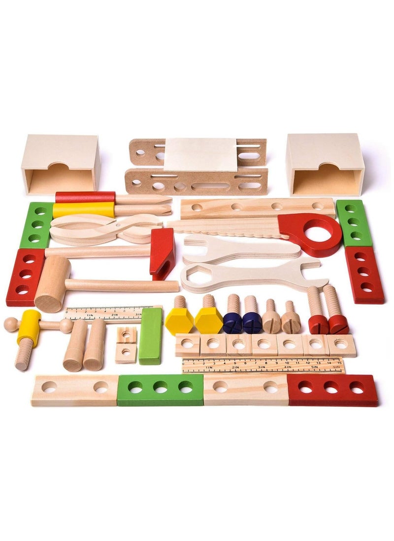Wooden Tool Box Toys 43 PCs Kids Tool Box Wooden Set, Kids Tool Kits, Boy Gift Learning Toy Construction Set Pretend Playset Gift for Kids