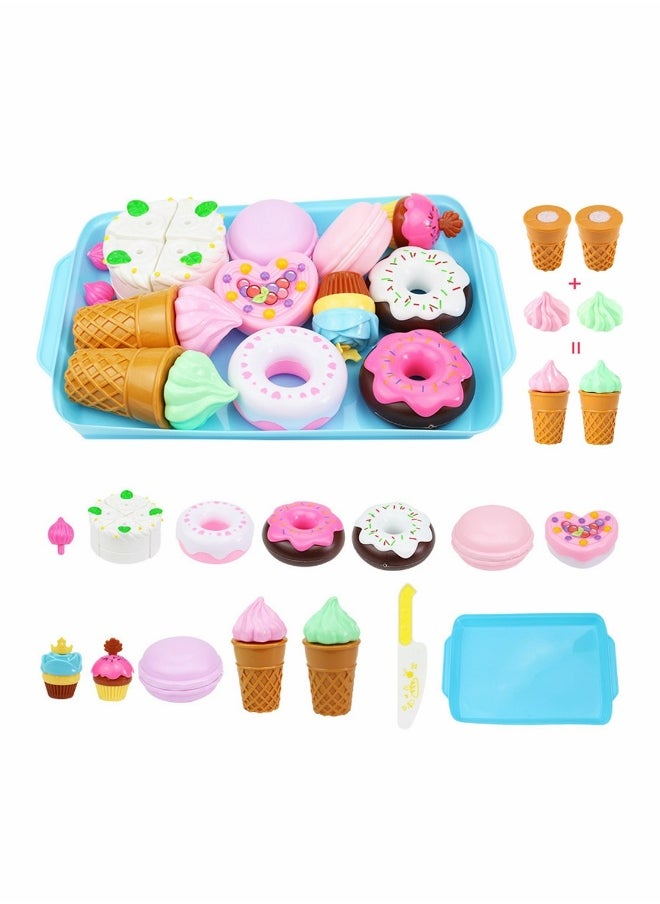 Pretend Desserts Food Toy 17 Pcs Play Food Desserts Set for Kids Kitchen Play Dounts for Toddlers Toy Food Ice Cream Cupcake Baking Plastic Play Food for Girls Boys Birthday Gift