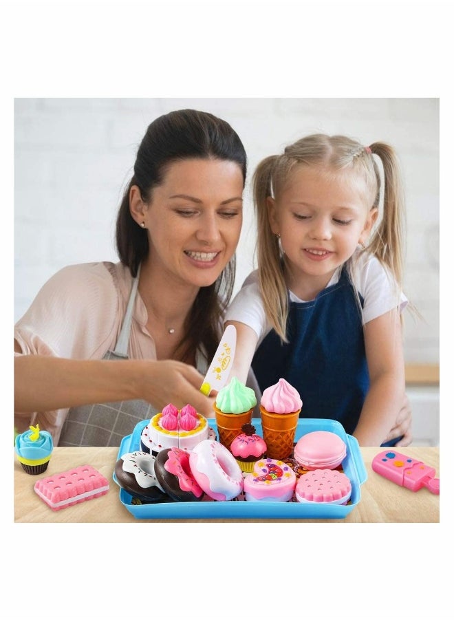 Pretend Desserts Food Toy 17 Pcs Play Food Desserts Set for Kids Kitchen Play Dounts for Toddlers Toy Food Ice Cream Cupcake Baking Plastic Play Food for Girls Boys Birthday Gift