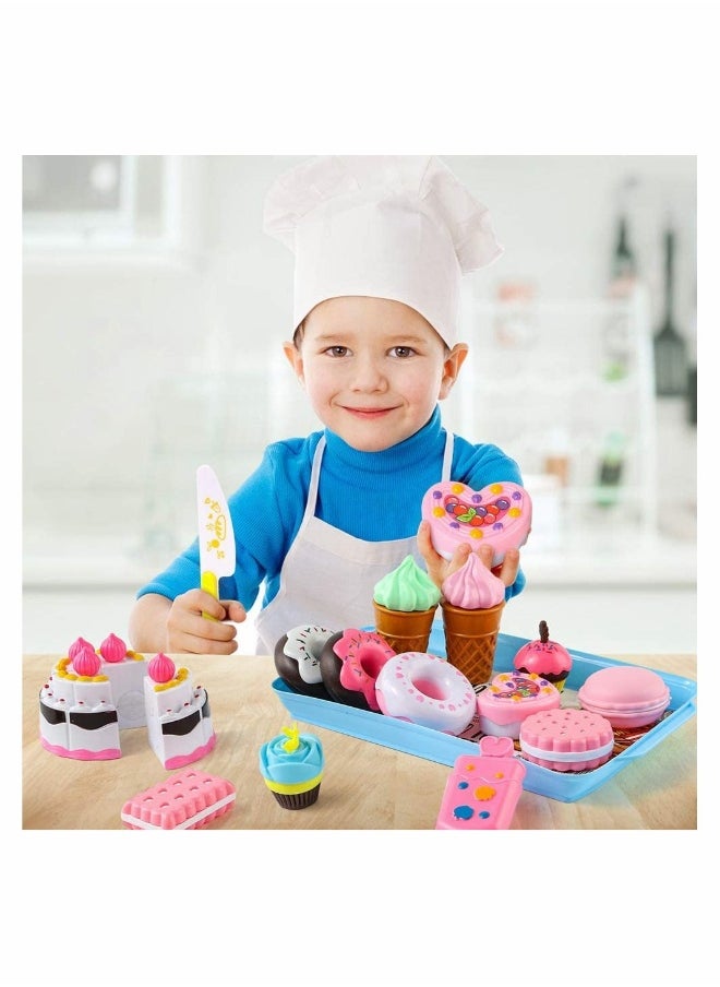 Pretend Desserts Food Toy 17 Pcs Play Food Desserts Set for Kids Kitchen Play Dounts for Toddlers Toy Food Ice Cream Cupcake Baking Plastic Play Food for Girls Boys Birthday Gift