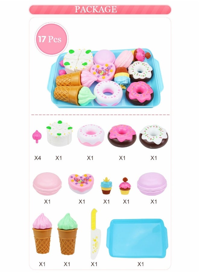 Pretend Desserts Food Toy 17 Pcs Play Food Desserts Set for Kids Kitchen Play Dounts for Toddlers Toy Food Ice Cream Cupcake Baking Plastic Play Food for Girls Boys Birthday Gift