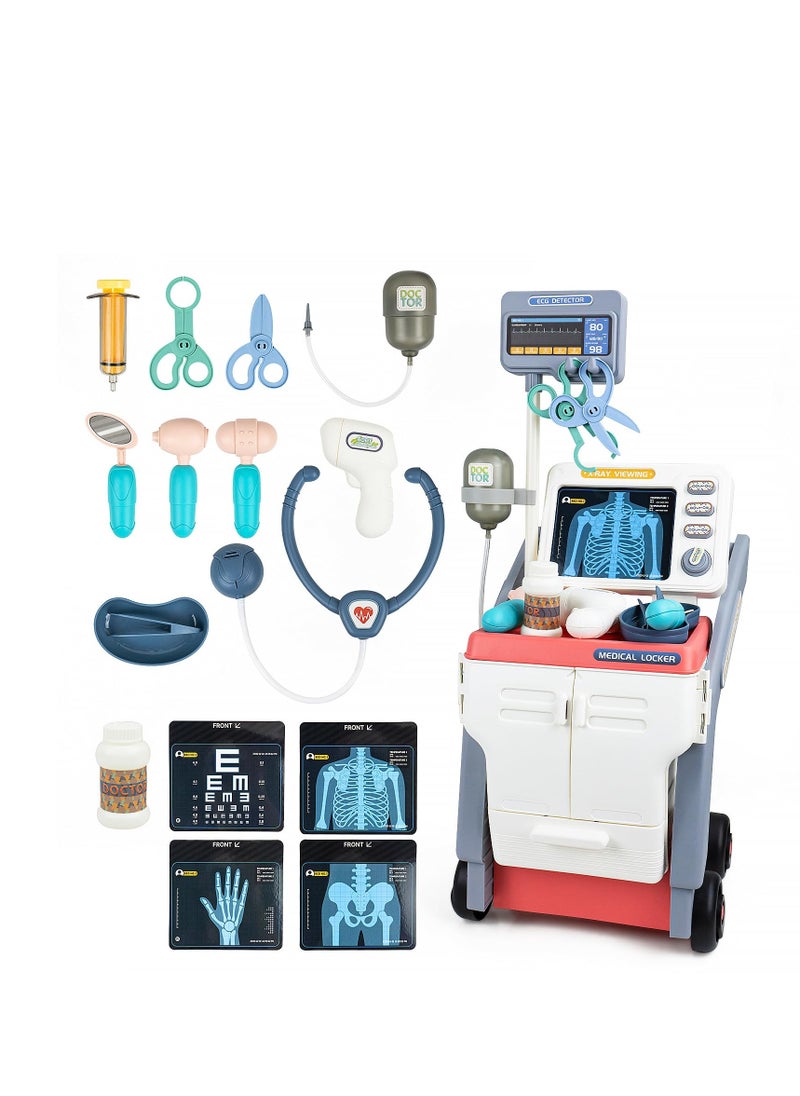 Toy Doctor Kit, Kids Medical Cart Playset with Simulated Sounds, Realistic Pretend Play Doctor Games for Toddlers 3-5, Pretend Medical Station Set with Mobile Cart, Gift for Boys Girls (Pink)