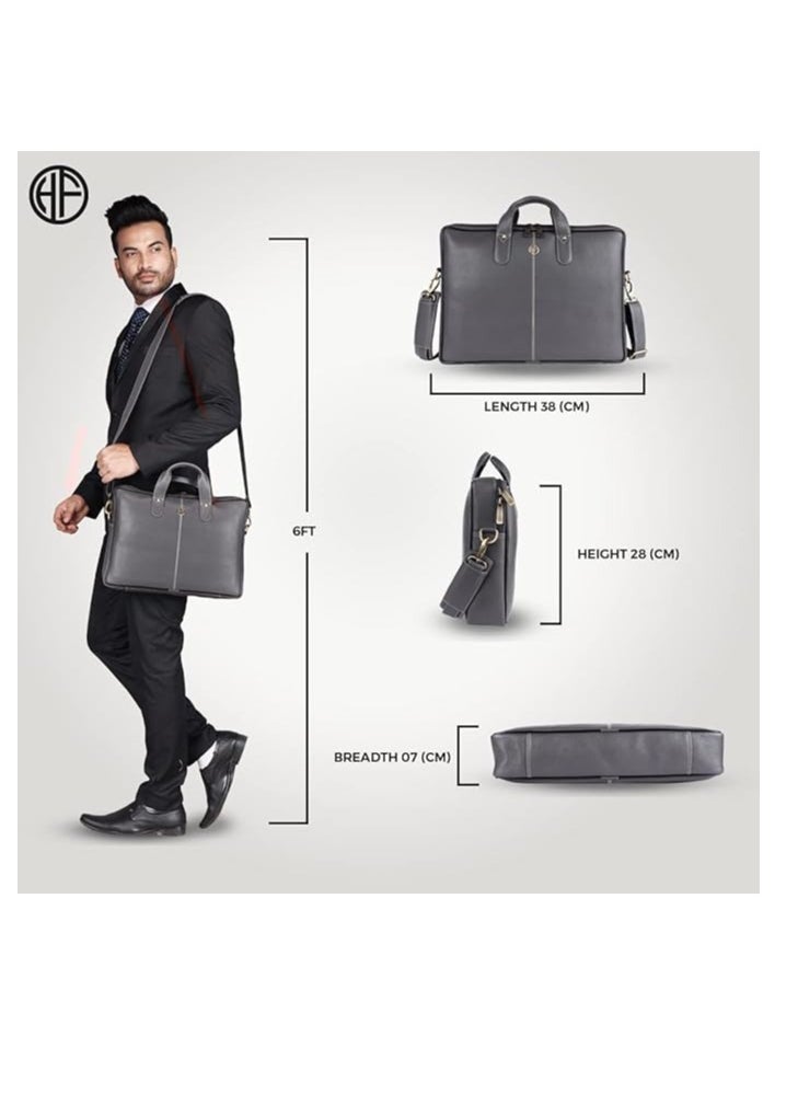 Leather Office Bag for Men - Laptop Bag for Men - Padded Laptop Compartment - Fits 14 Inch Laptop - Adjustable Strap | LB105_GRY | YKWP