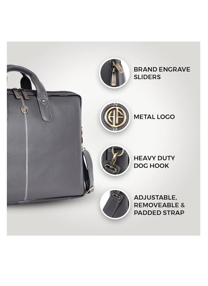 Leather Office Bag for Men - Laptop Bag for Men - Padded Laptop Compartment - Fits 14 Inch Laptop - Adjustable Strap | LB105_GRY | YKWP