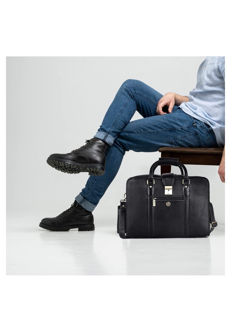 HAMMONDS FLYCATCHER Leather Executive Formal Office Bag -Shoulder Laptop Messenger Bag For Men -MacBook -NoteBook Upto 16 Inch -Handbags with Shoulder Straps | 3 Main Compartments | Push Lock | Black | 9RTH