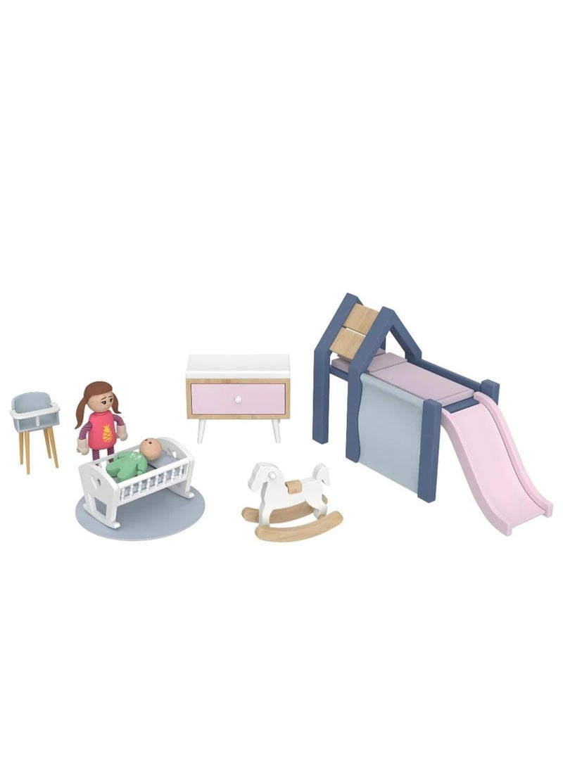 Dollhouse Furniture Nursery Set: 15PCS Miniature Wooden Baby Room Accessories for Dolls House: Cradle, Rocking Horse, Cot with slide etc. Imaginative Pretend Play for Kids & Collectors