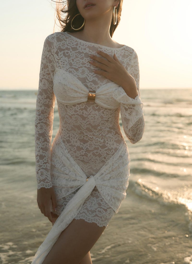 Guipure mini dress with draped neckline and golden decor