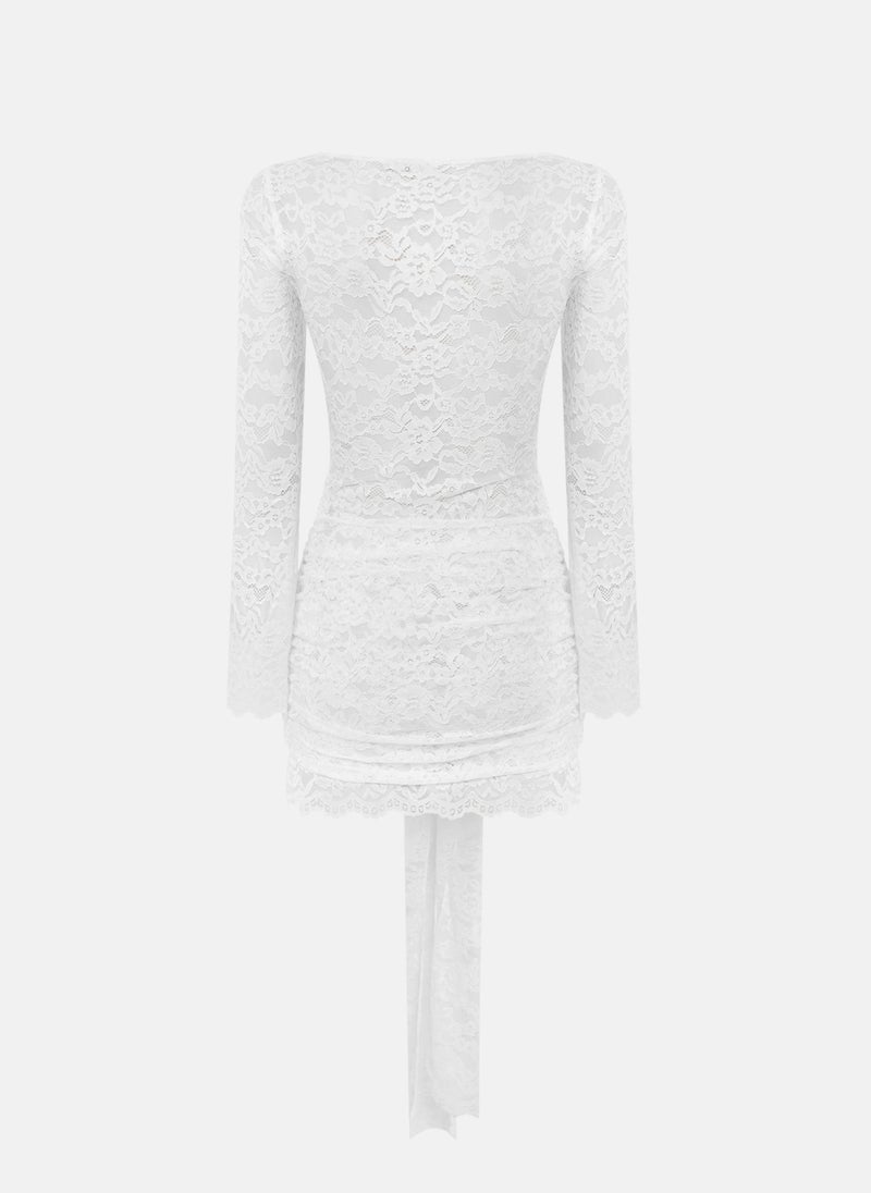 Guipure mini dress with draped neckline and golden decor