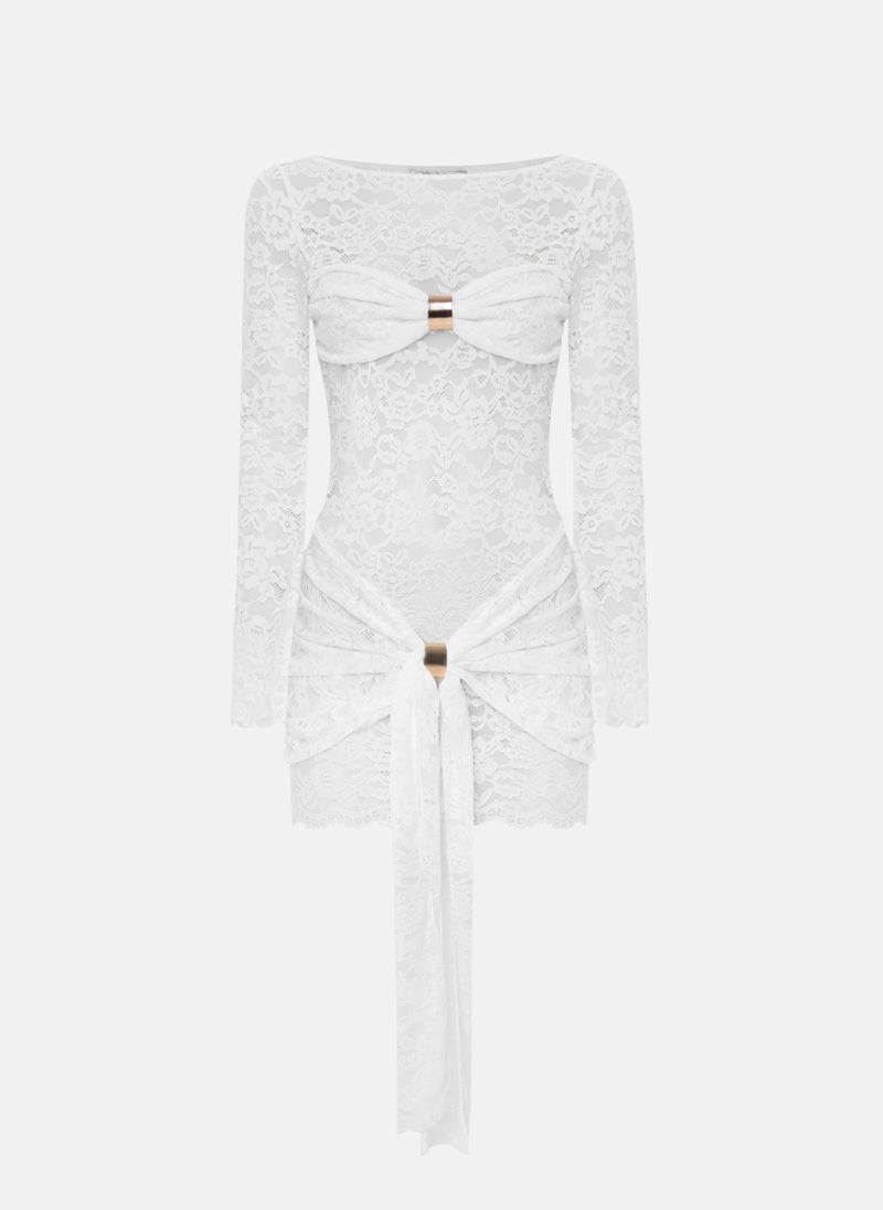 Guipure mini dress with draped neckline and golden decor
