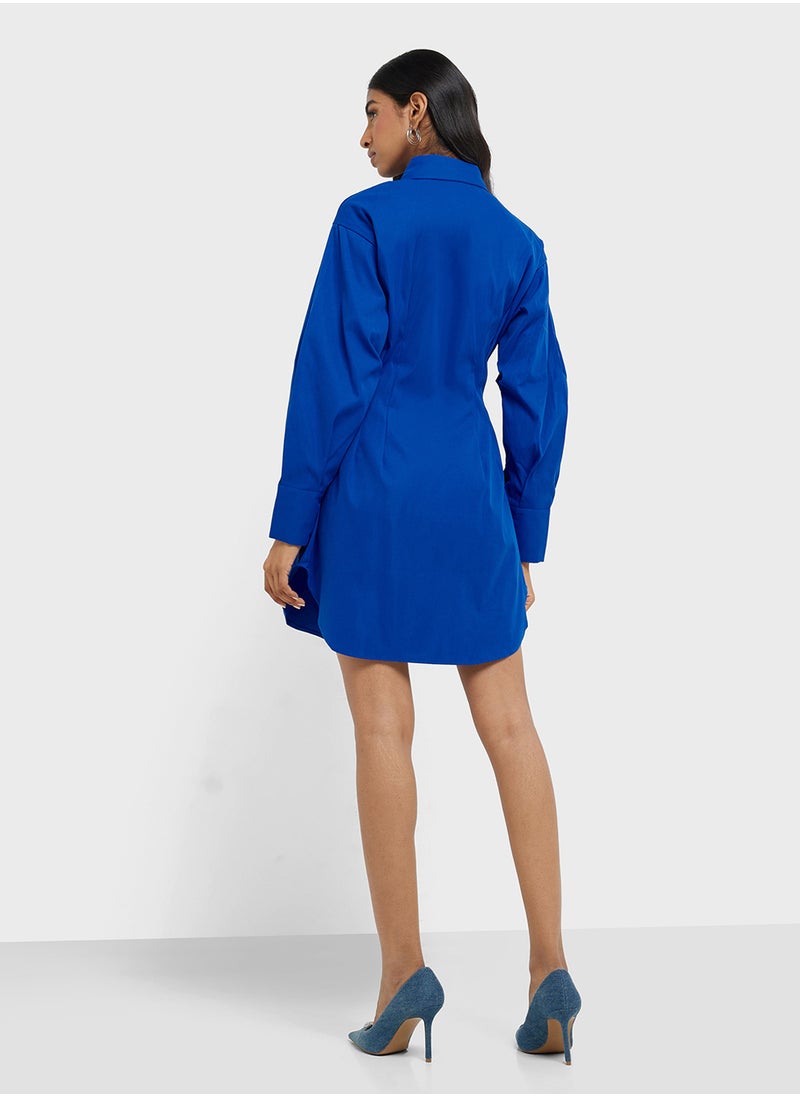 Clinched Waist Button Down Shirt Dress