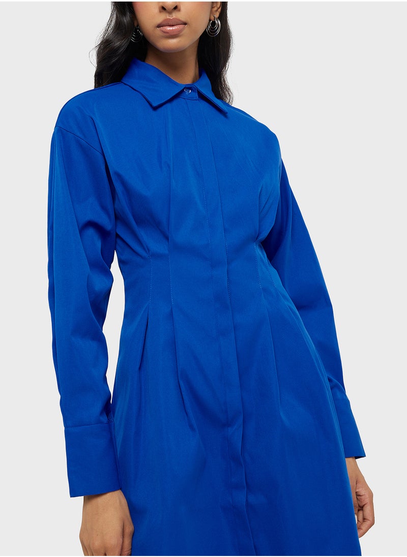 Clinched Waist Button Down Shirt Dress