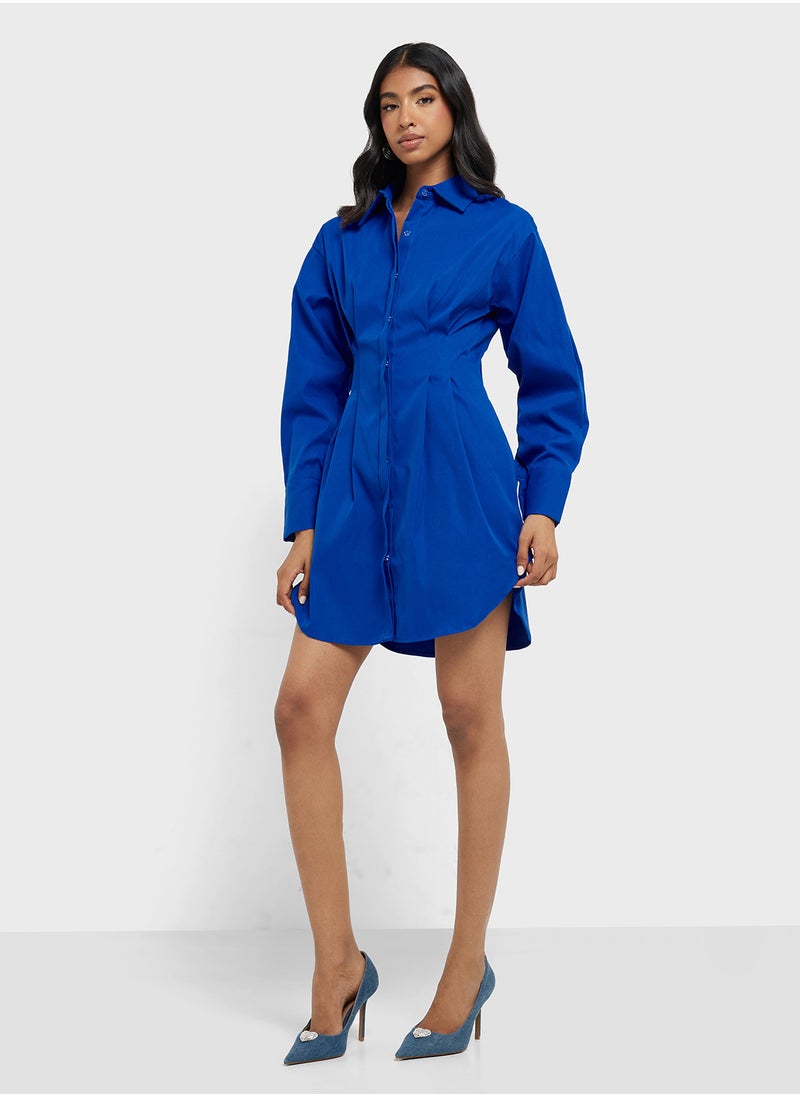 Clinched Waist Button Down Shirt Dress