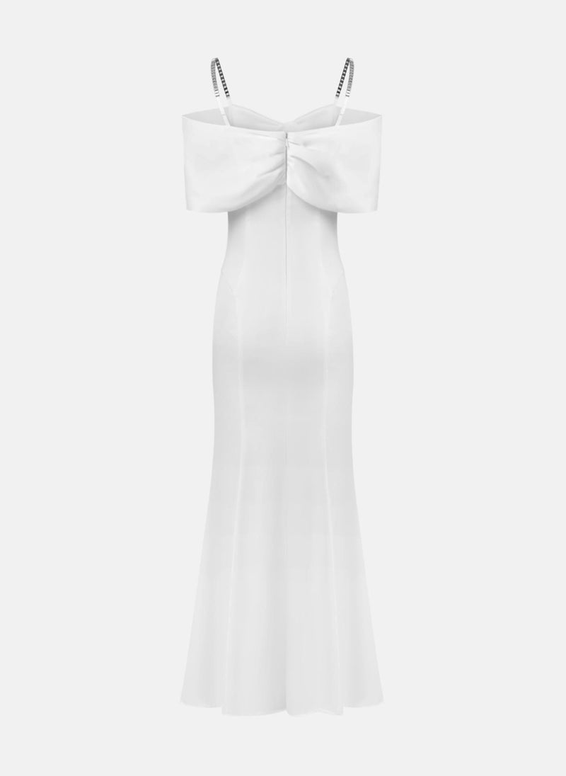 Maxi dress with open shoulders and silvertone decor