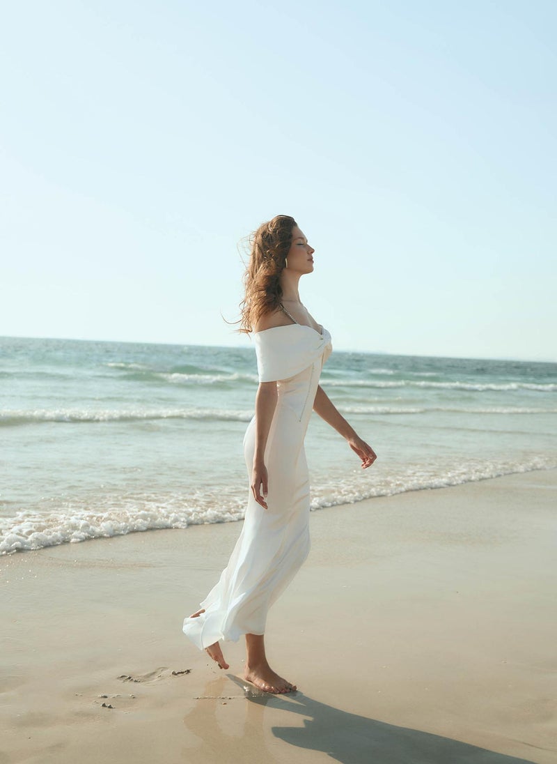 Maxi dress with open shoulders and silvertone decor