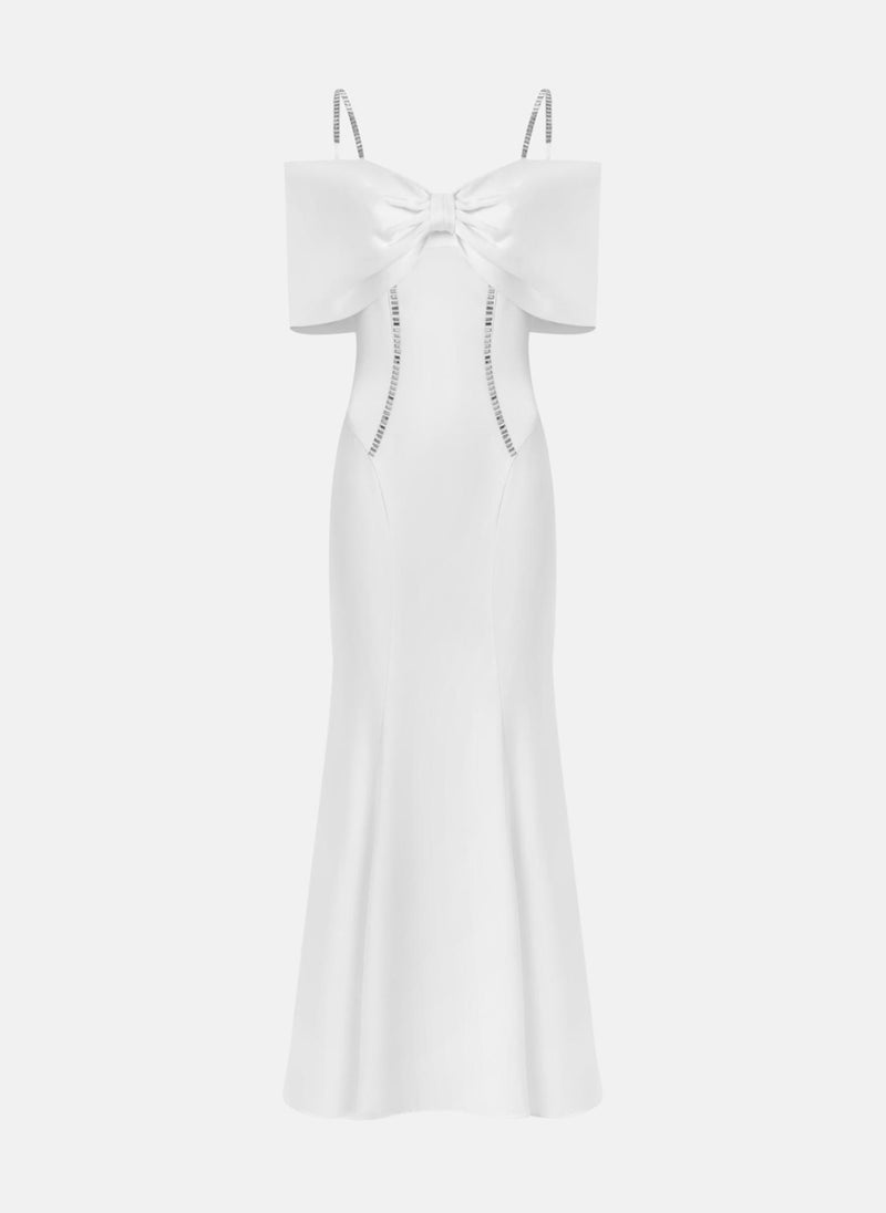 Maxi dress with open shoulders and silvertone decor