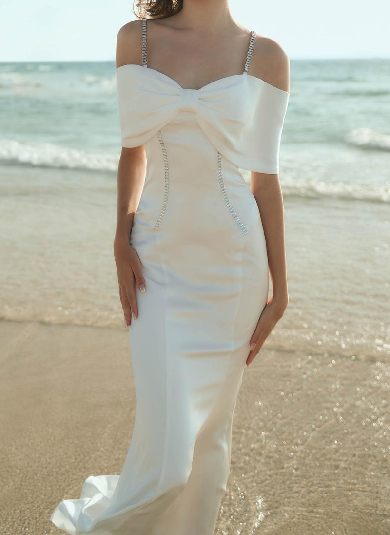 Maxi dress with open shoulders and silvertone decor