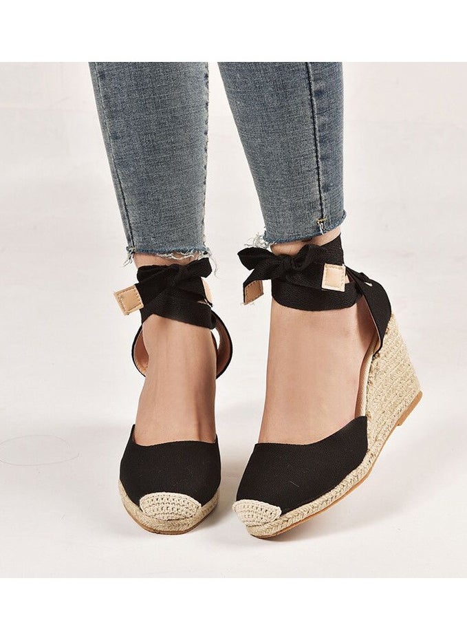 Straw Plus-size Sandals for Women Rope Closed Toe Espadrille Wedge Strap Sandals