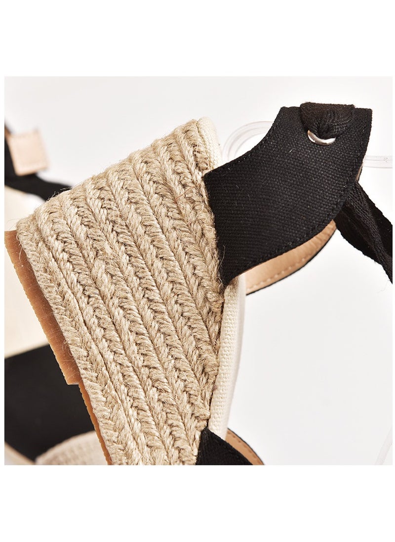 Straw Plus-size Sandals for Women Rope Closed Toe Espadrille Wedge Strap Sandals