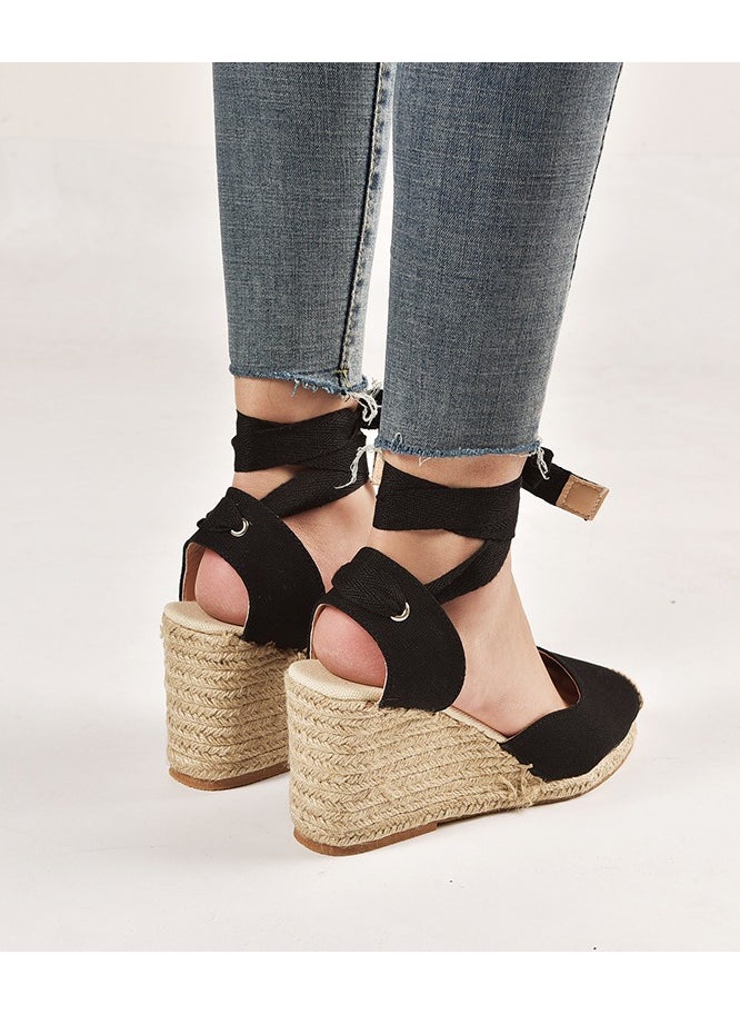 Straw Plus-size Sandals for Women Rope Closed Toe Espadrille Wedge Strap Sandals