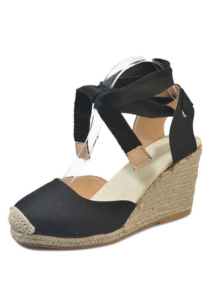 Straw Plus-size Sandals for Women Rope Closed Toe Espadrille Wedge Strap Sandals