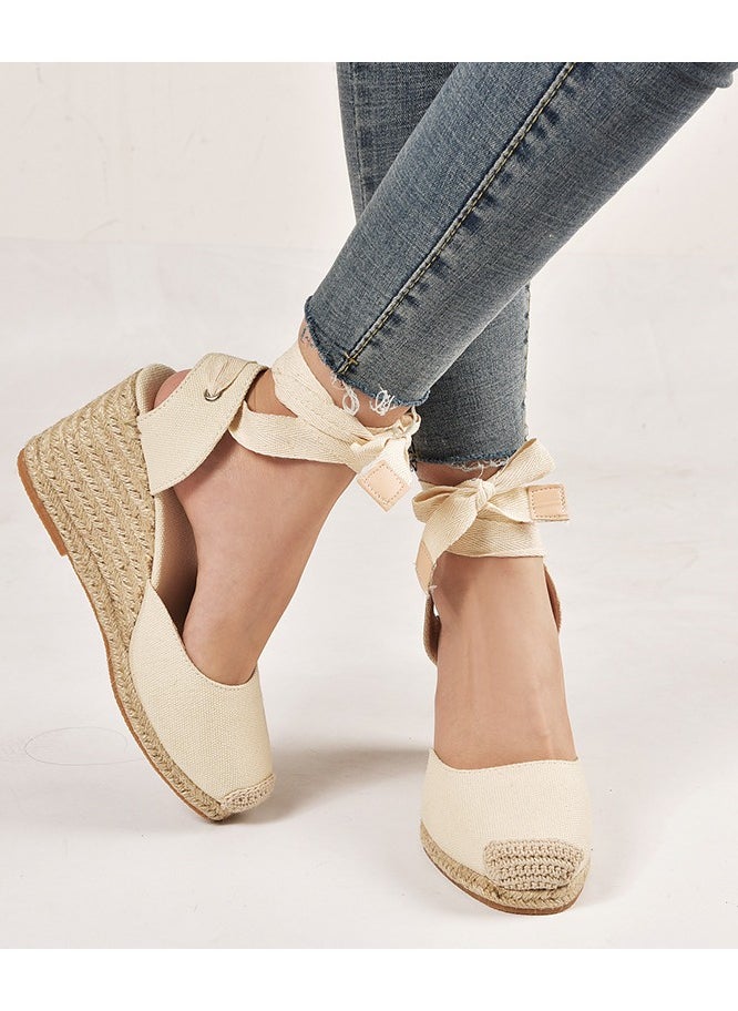 Straw Plus-size Sandals for Women Rope Closed Toe Espadrille Wedge Strap Sandals