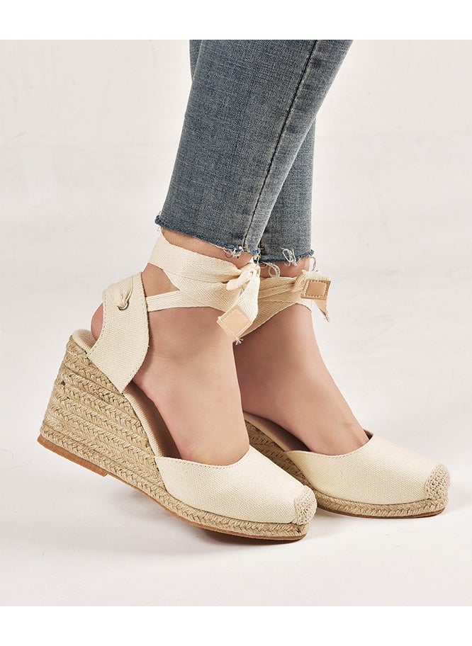 Straw Plus-size Sandals for Women Rope Closed Toe Espadrille Wedge Strap Sandals